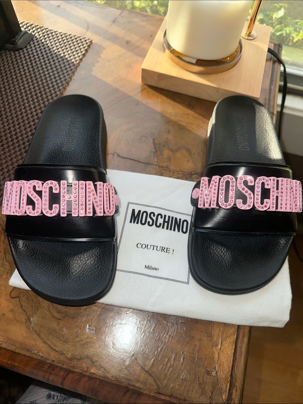 Moschino Black Slides with Pink Embellished Logo